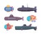 Submarines. Travel diving underwater boat explorer propeller ship vector collection