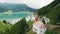 Submerged bell Tower of Curon at Graun im Vinschgau on Lake Reschen Alpine landscape aerial view