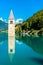 Submerged Bell Tower of Curon on Lake Reschen in South Tyrol, Italy