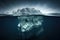 submerged part of iceberg contrasting with dark ocean depths