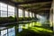 Submerged Remnants: Abandoned Indoor Space Flooded with Murky Water, Partially Collapsed Ceiling, Sunlight Piercing Through