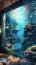 Submerged serenity: mesmerizing underwater house room reveals aquatic wonders through panoramic aquarium windows, a