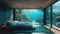 Submerged serenity: mesmerizing underwater house room reveals aquatic wonders through panoramic aquarium windows, a