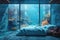 Submerged serenity: mesmerizing underwater house room reveals aquatic wonders through panoramic aquarium windows, a