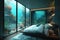 Submerged serenity: mesmerizing underwater house room reveals aquatic wonders through panoramic aquarium windows, a