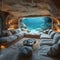 Submerged serenity: mesmerizing underwater house room reveals aquatic wonders through panoramic aquarium windows, a