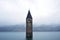 Submerged tower of reschensee church deep in Resias Lake of Bolzano or bozen at Italy