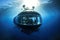 submersible descends into deep ocean abyss, surrounded by schools of fish and other sea creatures