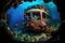 submersible dives through lush coral reef, surrounded by colorful and vibrant marine life