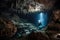 submersible dives into underwater cave system, with stalactites and stalagmites visible