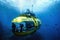 submersible exploring mysterious ocean depths, with schools of fish swimming past