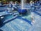 Subotica, Serbia September 12, 2021. Blue fountain in the square next to the Town Hall. Blue ceramic parts with