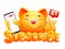 Subscribe button with funny cartoon yellow cat character making k-pop gesture sign with smartphone