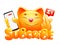 Subscribe button with funny cartoon yellow cat character with smartphone