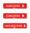 Subscribe button with hand. Subscription icons. Click on video channel. Red logo for online register with bell for member. News