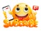 Subscribe button with yellow cartoon emoji smile character and smartphone