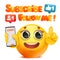 Subscribe and follow me card with cartoon 3d yellow emoji character holding smartphone