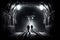 subterranean subway tunnel, with ghostly figures and mysterious lights visible in the darkness