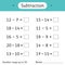 Subtraction. Number range up to 20. Mathematics. Math worksheet for kids. Solve examples and write. Developing numeracy skills