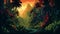 Subtropical Forest Firefighters: A Retromer 8-bit Illustration Of Jungle At Sunset