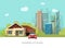 Suburb view, city buildings behind cottage home house vector illustration, modern cityscape flat style