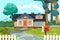 Suburban cottage. Cartoon country house exterior, neighborhood home with yard and lawn, countryside building. Vector