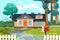 Suburban cottage. Cartoon country house exterior, neighborhood home with yard and lawn, countryside building. Vector home front
