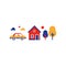 Suburban home with car, summer house, country side, real estate, vector icon