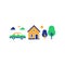 Suburban home with car, summer house, country side, real estate, vector icon