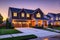 Suburban Home at Twilight - Golden Hour Washing Over the Brick Facade, Neatly Trimmed Front Lawn, Modern Elegance