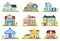 Suburban houses. Family house, village cottage. Outdoor architectural elements, modern buildings exterior. Flat vector