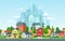 Suburban landscape. Urban architecture, small and big city buildings. Suburbans houses cartoon vector illustration. Countryside,