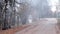 Suburban street in autumn and smoke from burning dry foliage. Little camera movement