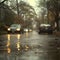 Suburban street viewed through rainy windshield