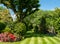 Suburban, well stocked garden in London UK, with neatly mown striped lawn, tall oak tree, colourful azalias and other trees.