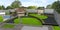 Suburban yard landscaping wide angle view, 3d render