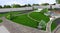 Suburban yard landscaping wide angle view, 3d render