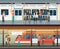 Subway inside with people man and waman. Metro platform and train interior. Urban metro vector concept