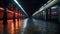 A subway station illuminated by red lights in the darkness of the night, An empty subway station during midnight, AI Generated