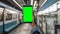 in the subway, a subjective view of the cell phone with greenscreen to exchange the content of the screen