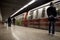 Subway train leaving the station and people waiting for the next one 