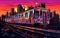 Subway train painted in graffiti on the tracks with New York city in background at sunset. Generative Ai illustration