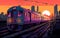 Subway train painted in graffiti on the tracks with New York city in background at sunset. Generative Ai illustration