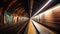 Subway tunnel with blurred light tracks with arriving train in the opposite direction. Generative AI