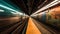 Subway tunnel with blurred light tracks with arriving train in the opposite direction. Generative AI