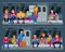 Subway vector people in metro and passengers in underground using urban public transport illustration set of characters