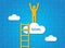 Success and achieving aims. Person standing on cloud with word GOAL, blue background. Creative illustration