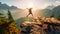 Success and adventure concept, successful hiker man jumping on the top of the mountain in morning sunrise, AI generative
