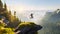 Success and adventure concept, successful hiker man jumping on the top of the mountain in morning sunrise, AI generative