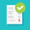 Success approved payment check mark notification on paper receipt bill invoice vector flat cartoon icon, valid verified